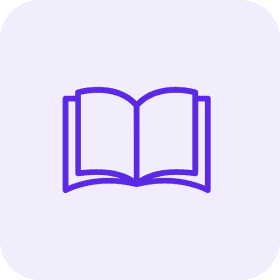 Open book icon in purple on black.